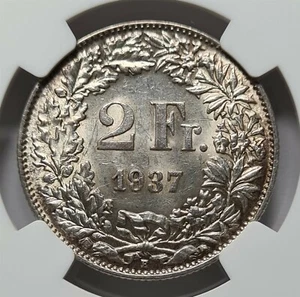 SWITZERLAND 2 francs 1937 B NGC MS 62 UNC Bern Scarce Silver Helvetia Graded - Picture 1 of 6