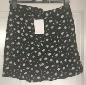 Asos Size 12 Women's Tall Ditsy Floral Button Front Skirt Black And White New - Picture 1 of 10