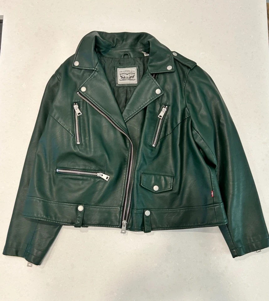 Chaqueta de motociclista Levis Strauss 2X verde vegana de cuero sintético para mujer talla grande Foto 1 de 4