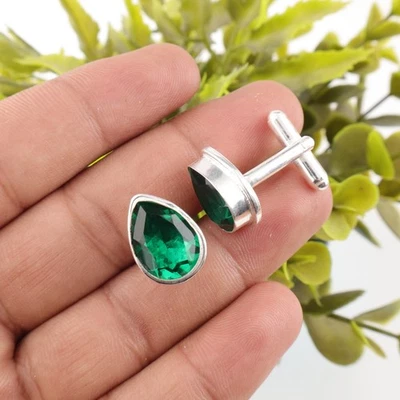 Abotoaduras masculinas de prata esterlina 925 com pedra preciosa esmeralda criada em laboratório para presente - Imagem 1 de 4