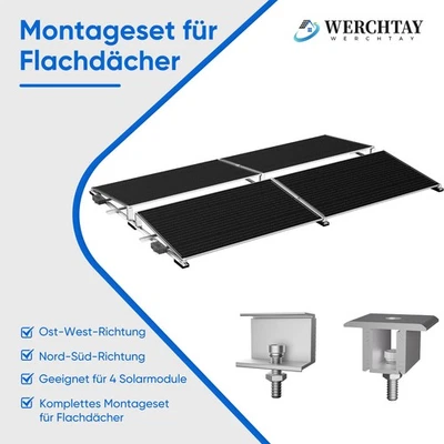 WERCHTAY Solarpanel Halter Flachdach Komplettset für 4 Solarmodule Ost-West/Süd|Aluminium