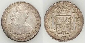 Silver Coin Mexico 8 Reales 1795 FM Charles IIII of Spain Mint Mark Mo Toned XF+ - Picture 1 of 3