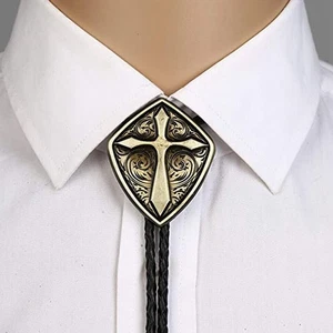 Cowboy Western Tie Bolo Tie for Men Vintage Shield with Handmade Black Leather - Picture 1 of 5