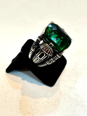 Emerald Stone 925 Sterling Silver Men's Ring: Turkish Handmade Jewelry, Size 10 - Image 1 of 3