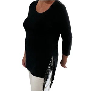 Travelers by Chico's Black Tunic Top Fringe Side Detail Size 1 Sm 8 Knit - Picture 1 of 9