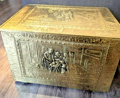 Vintage Embossed Brass Coal Box ~ Storage Chest Trunk Wood Repousse metal relief - Image 1 of 4