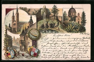 Lithographie Lahr, Partie in der Marktstrasse, Kath. Kirche, Wappen, Lahrer Grü  - Picture 1 of 2