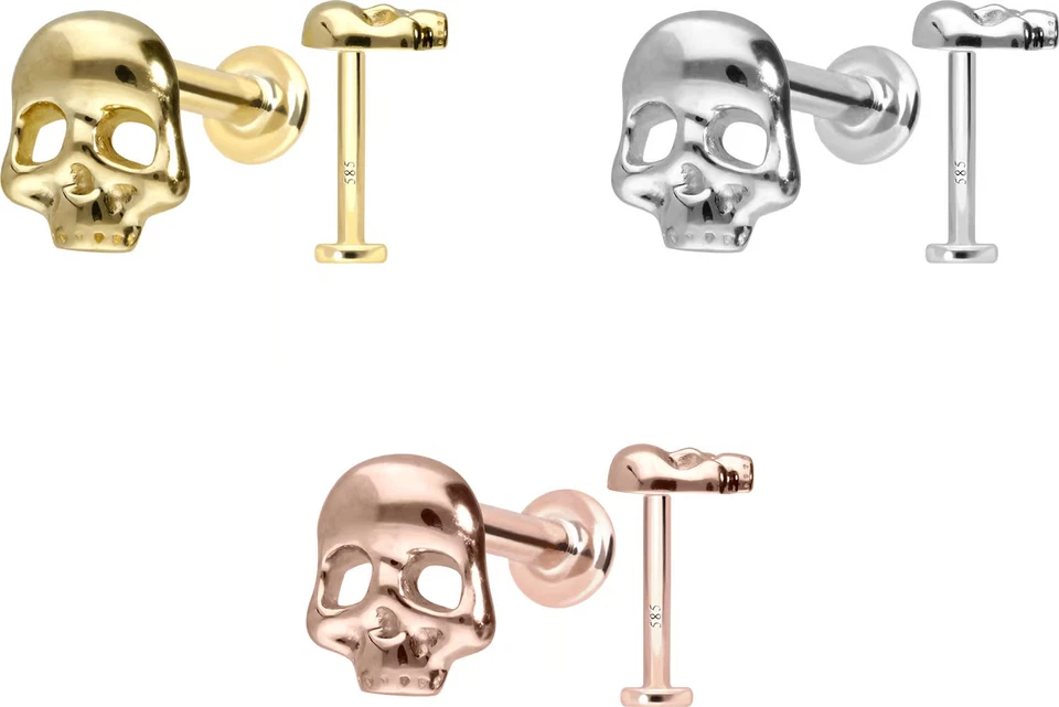PIERCINGLINE  Piercing Stecker 14 Karat Gold Labret mit Innengewinde TOTENKOPF - Bild 1 von 1