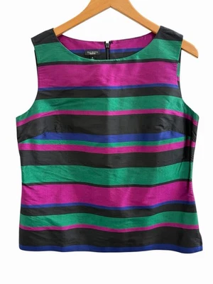 Talbots Silk Tank Womens 12 Stripes Green Pink Holiday Party Luxury Professional - Image 1 of 4