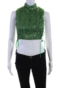 Hours Womens Sequin Mock Neck Lace Up Sleeveless Blouse Green Size S - Picture 1 of 11