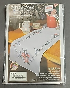 Tobin Stamped Embroidery Table Runner Wild Rose Kit 15X44 Floral Flowers White