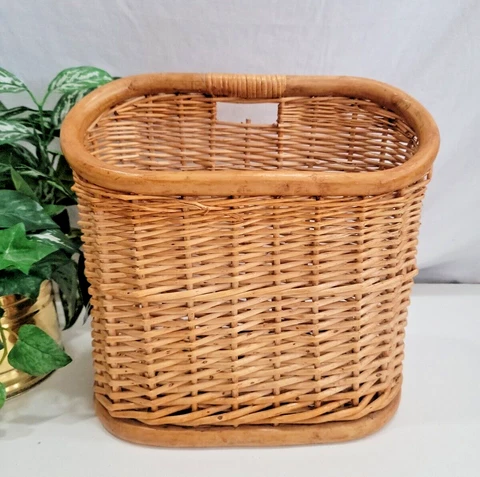 Heavy Duty Natural Woven Wicker & Bamboo Trim Magazine Holder Basket 13" H & W Cover