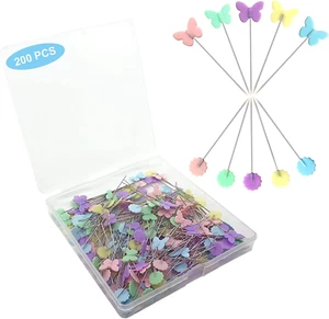 200Pcs Sewing Pins Flat Head Straight Pins with Butterfly and Flower Colored Hea - Picture 1 of 12
