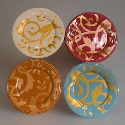 NEW Rachael Ray Stoneware Appetizer Plates Gold Scroll 4 Pc 6” Each Unique Color - Image 1 of 4
