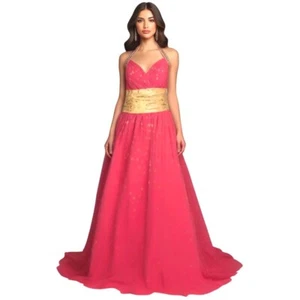 Gold & Pink Halter Formal Ball Gown Beaded Bodice Lace-Up Corset Back Kiss Kiss - Picture 1 of 14