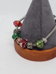 Silver Tone Bracelet with Green & Red Glass Beads Charm. - Picture 1 of 8