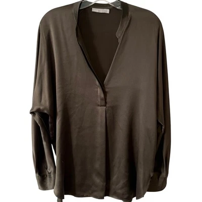 Vince Women's Olive Silk Collarless Popover Blouse in Size S - Image 1 of 4