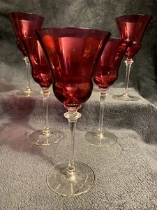 Set Of 5 Glasses Crystal Cranberry Water Goblets Attributed To F Schmidt 8.2” - Picture 1 of 12