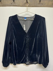 Old Navy Women’s Size Large Black Velvet Long Sleeve Top Balloon Sleeve V Neck - Picture 1 of 14