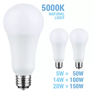 2 Pack Satco LED 120V 3-Way 5W/14W/20W =50W/100W/150W A21 E26d 5000K Natural - Picture 1 of 11