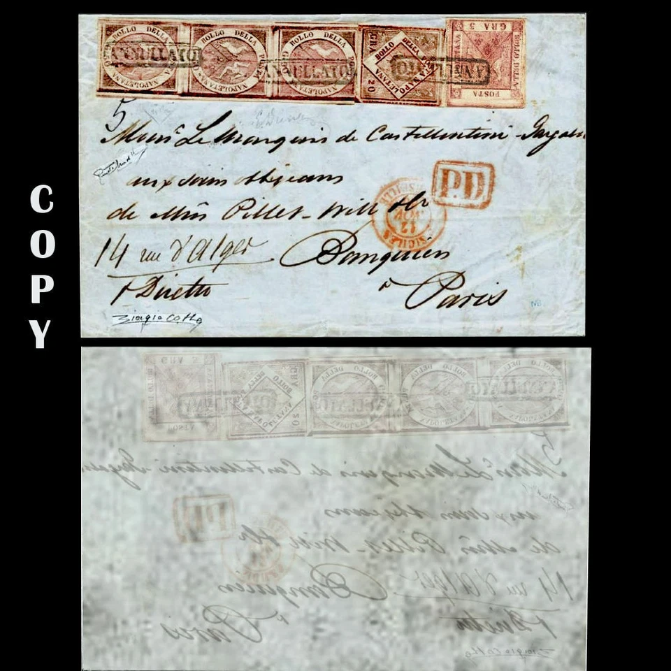 ITALIA 1858 CUBIERTA A PARÍS VIAJE 50GR Y 20GR NÁPOLES ANULATO,ÚNICA,REPRODUCCIÓN Foto 1 de 1