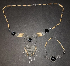 Peruvian Style BOHO Serpentine Stone Bamboo 20”Necklace 7”Bracelet Preowned - Picture 1 of 10