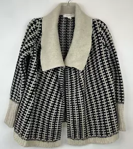 Sweater Womens M Chunky Open Cardigan Lambswool Blend Knit Black Ivory - Picture 1 of 9