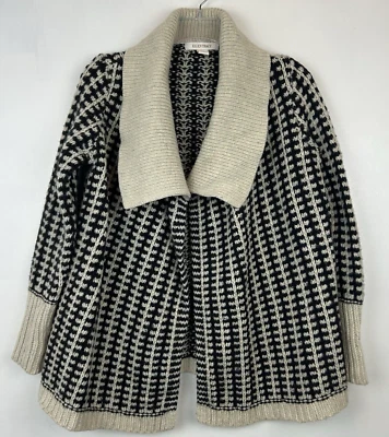 Sweater Womens M Chunky Open Cardigan Lambswool Blend Knit Black Ivory - Image 1 of 4
