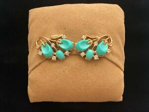 VTG Trifari Elegant Turquoise Lucite & Rhinestone Floral Gold Tone Clip Earrings