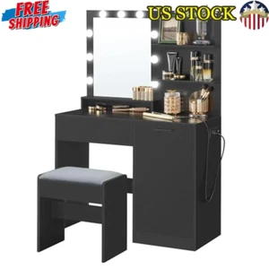 Makeup Vanity Desk W/ Mirror Lights Power Outlets Dimmable Storage Stool Bedroom - Picture 1 of 7