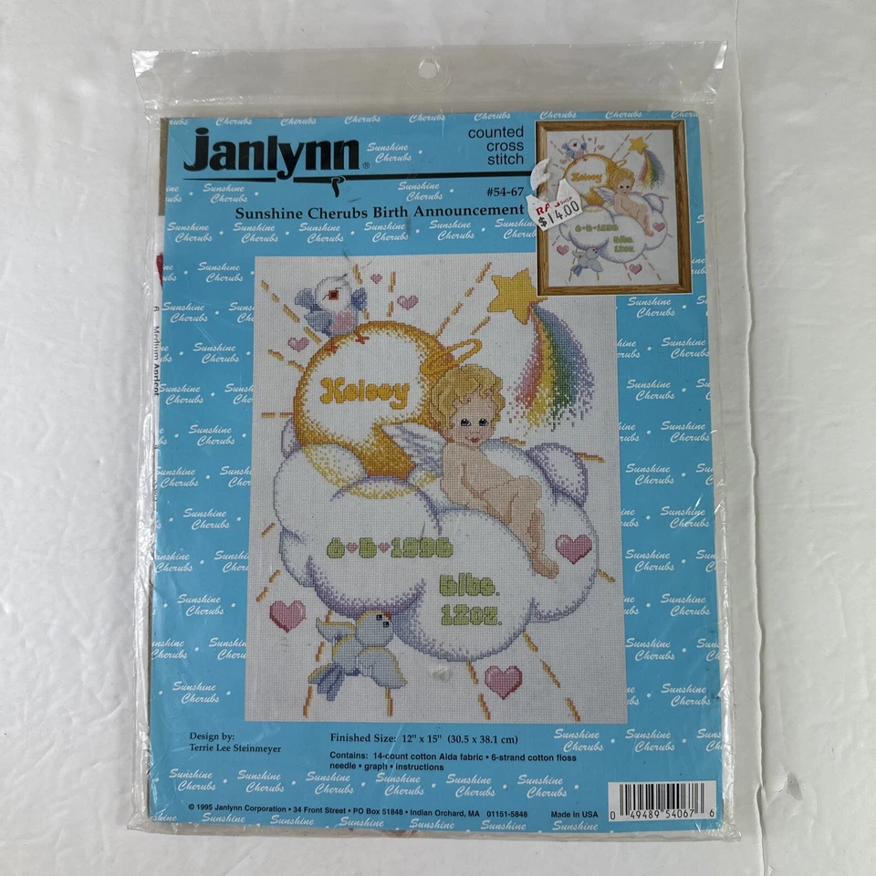Counted Cross Stitch Birth Announcement Kit Sunshine Cherubs Janlynn 1995 12x15