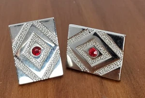Vintage Pair Sliver Tone Cufflinks with Red Stone Center Stamped Swank - Picture 1 of 7