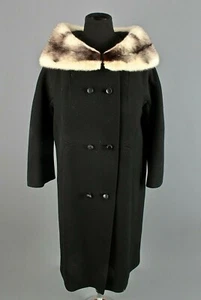 VTG Women's 1950s Black Swing Coat W White Fur Collar Sz M Joseph Stein 50s - Picture 1 of 10