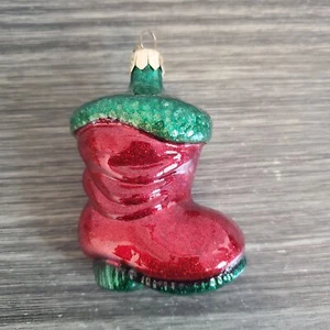 Vintage Glass Hand Blown Christmas Ornament Santa's Red Green Boot Glitter Shiny - Picture 1 of 5