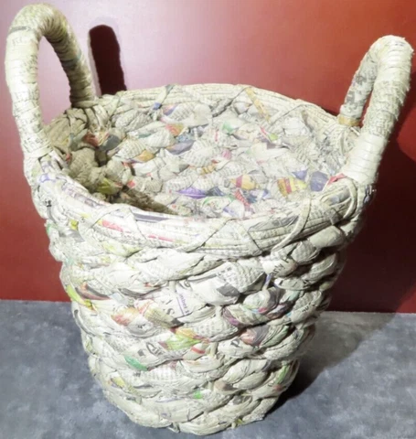 Large Vintage RECYCLED NEWSPAPER BASKET Folded Woven Folk Art 14 1/2" Tall Cover