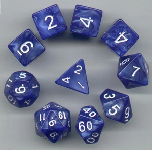 NEW RPG Dice 10pc - Pearl Blue - 1 @ D4 D8 D10 D12 D20 D00-10 & 4 D6 - Picture 1 of 1