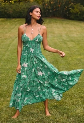 Maxi Vestido Anthropologie Josephine Cintura Caída Falda en Niveles Festivo Boho Grande Foto 1 de 4