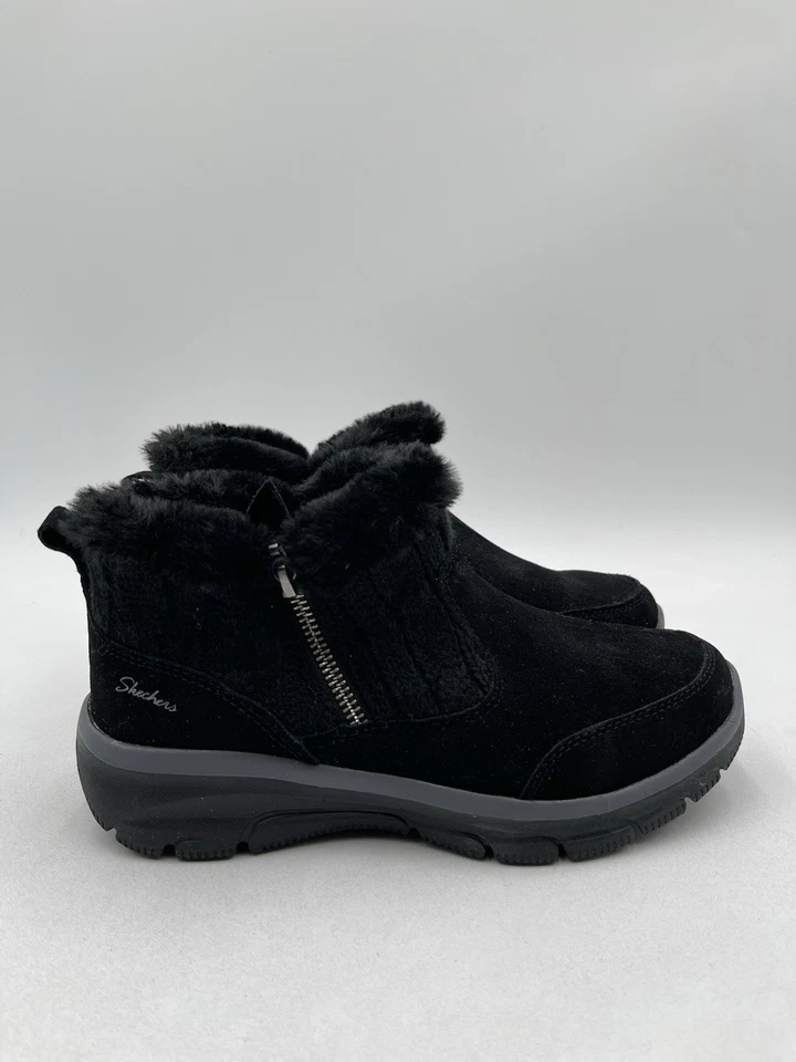 Skechers Womens Easy Going Black Knit Faux Fur Zipper Ankle Boot Size 6 - Image 1 of 4