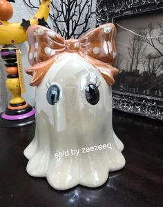 Halloween Ceramic Ghost with Orange Bow Figurine Statue Tabletop Decor 7.5 - Picture 1 of 7