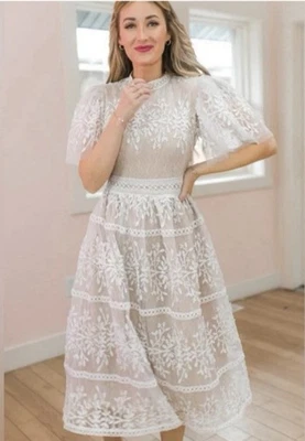 Ivy City Co Sicily Dress Sz S White Lace Mesh Flutter Sleeve High Neck Feminine - Image 1 of 4