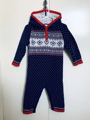 Hanna Andersson 1-Piece Hooded Sweater Romper Sz 18-24 mo Cotton Fair Isle Blue  - Image 1 of 4