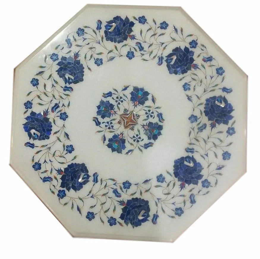 12" Marble corner / side end handcrafted pietra dura lapis inlay Table Top - Image 1 of 1