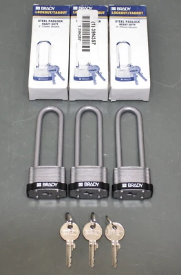 (3) Brady Keyed-Alike Padlocks 123257, Laminated Steel Pad Lock Extended Shackle - Image 1 of 4