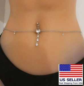 Women Crystal Waist Belly Chain Silver Micro inset Tassel Body Chain 1017 - Picture 1 of 5