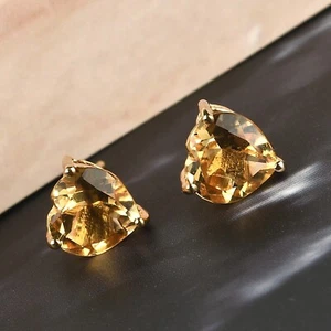 Citrine Studs Heart Gemstone earrings 925 Sterling Silver Yellow Gold - Picture 1 of 5