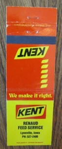 FARM RELATED: KENT FEEDS (RENAUD FEED) (LYNNVILLE, IOWA) MATCHBOOK MATCHCOVER F8 - Imagen 1 de 1