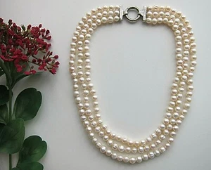 3 Row White Akoya Cultured Pearl Necklace Gold \ Silver Clasp Wedding Occasions - Picture 1 of 24