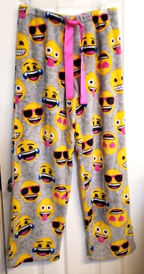 Yellow Emojis/Soft Gray Fleece Pajama Lounge Pants Stretch Women's Small 4-6 EUC - Image 1 of 4