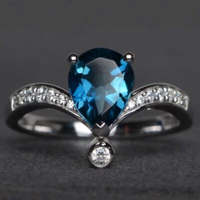 Помолвочное кольцо с натуральным топазом и бриллиантом грушевидной огранки 4,50 карата с покрытием из белого золота 18 карат - Изображение 1 из 4