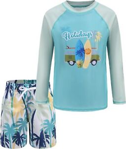 Boys Two Piece Rash Guard Swimsuits Set with Swim Trunk Kids Long Sleeve Bathing